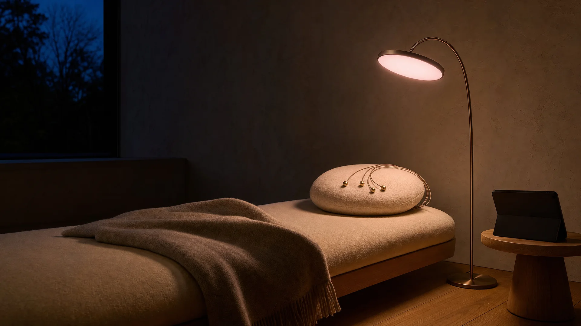 Concept image: a quiet room at dusk, a low daybed beneath the Instrument, its even face glowing warm