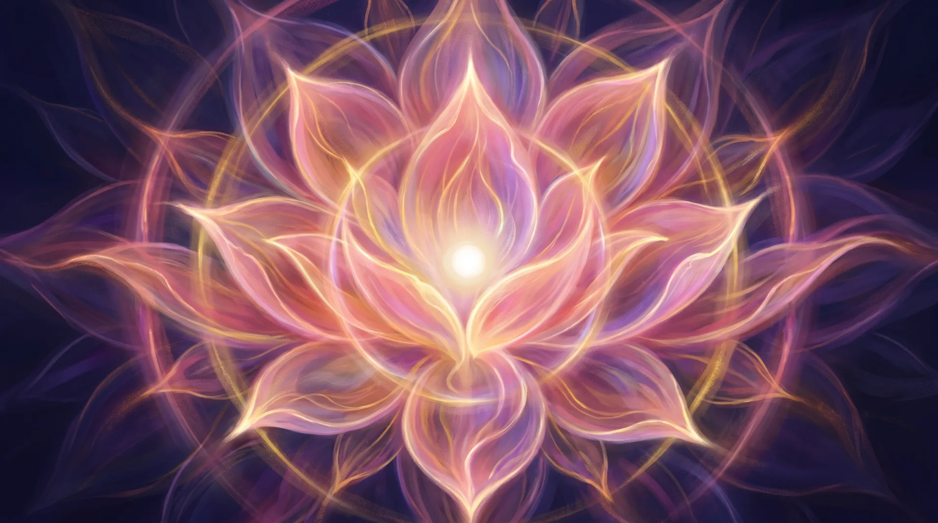 Painting: a great lotus of pearl and rose light fully open