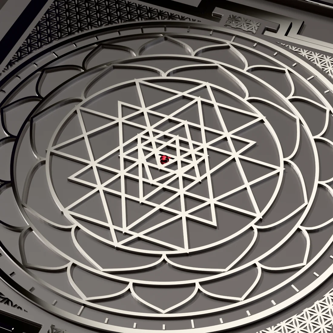 Concept render: a close view of the yantra on the tag: the nine triangles in raised lines, the two lotuses, the dial of forty-eight parts and the Flower of Life in the corners