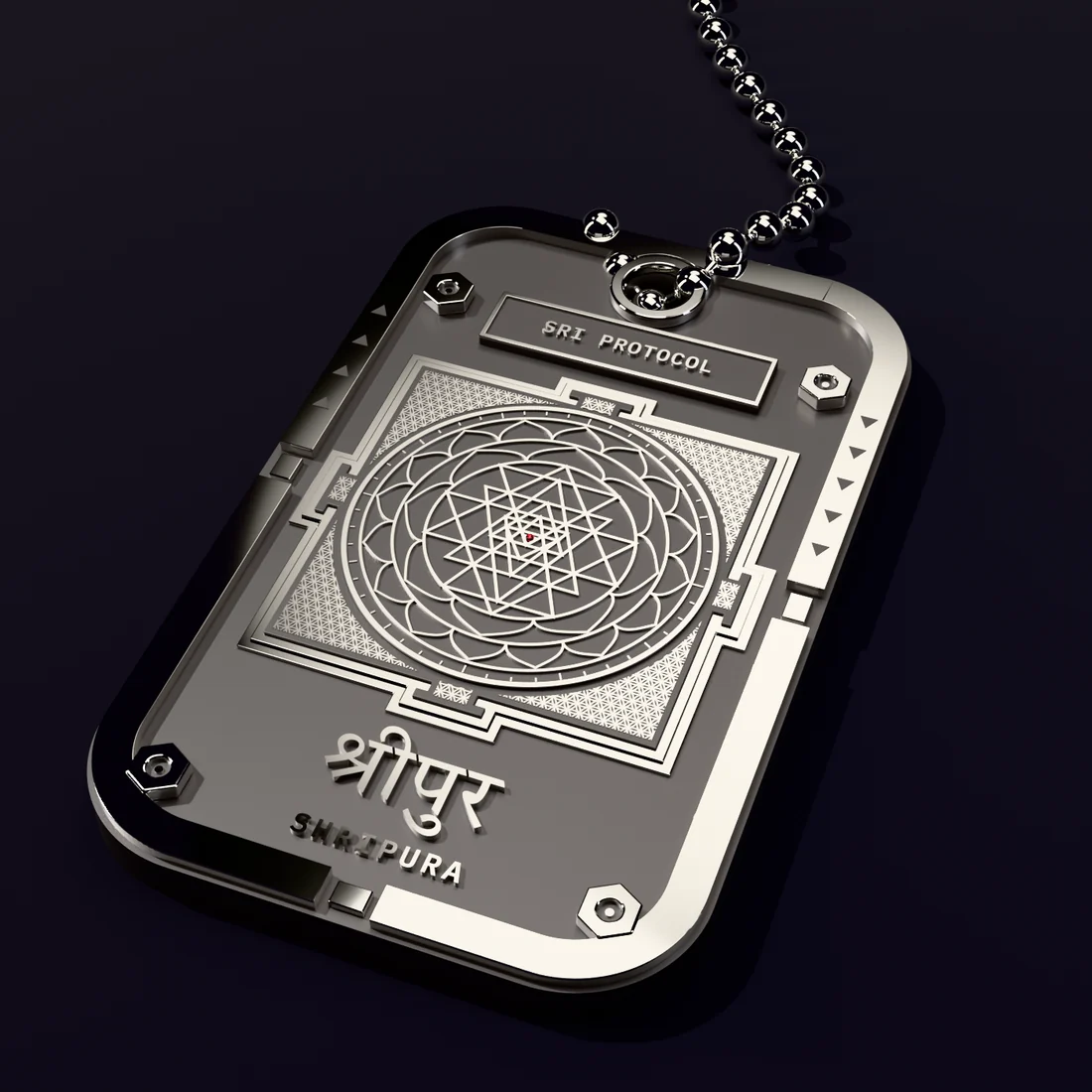 Concept render: the silver Sri Protocol tag at an angle on its ball chain, the recesses darkened so the lines of the yantra read