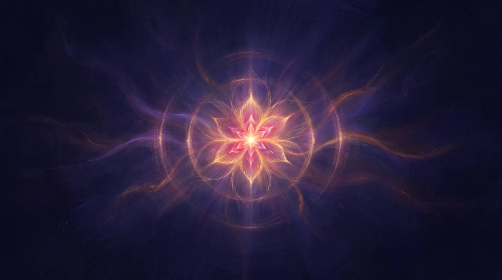 Painting: a small flower of rose and gold light opening in a dark violet field