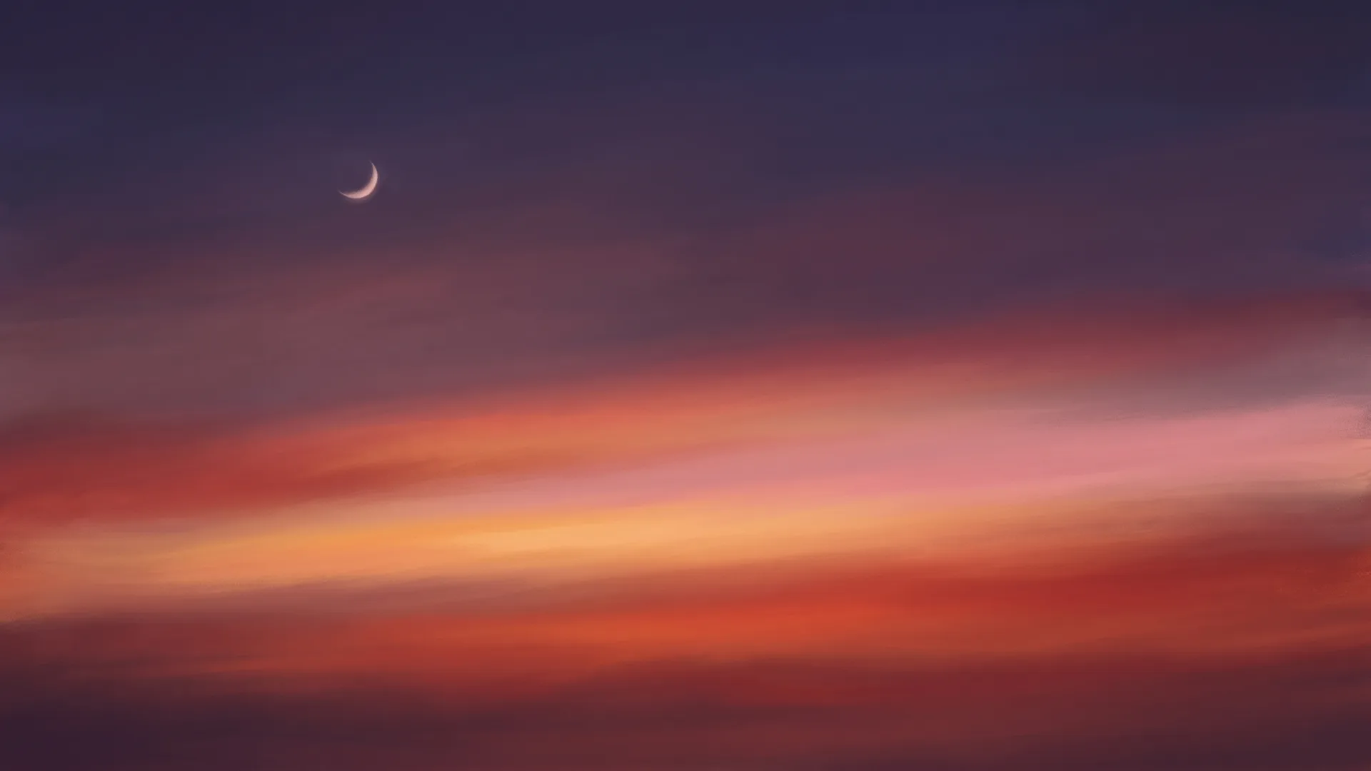 Painting: a dusk of kumkum, saffron and rose bands of light, with a small crescent of pearl light high to one side