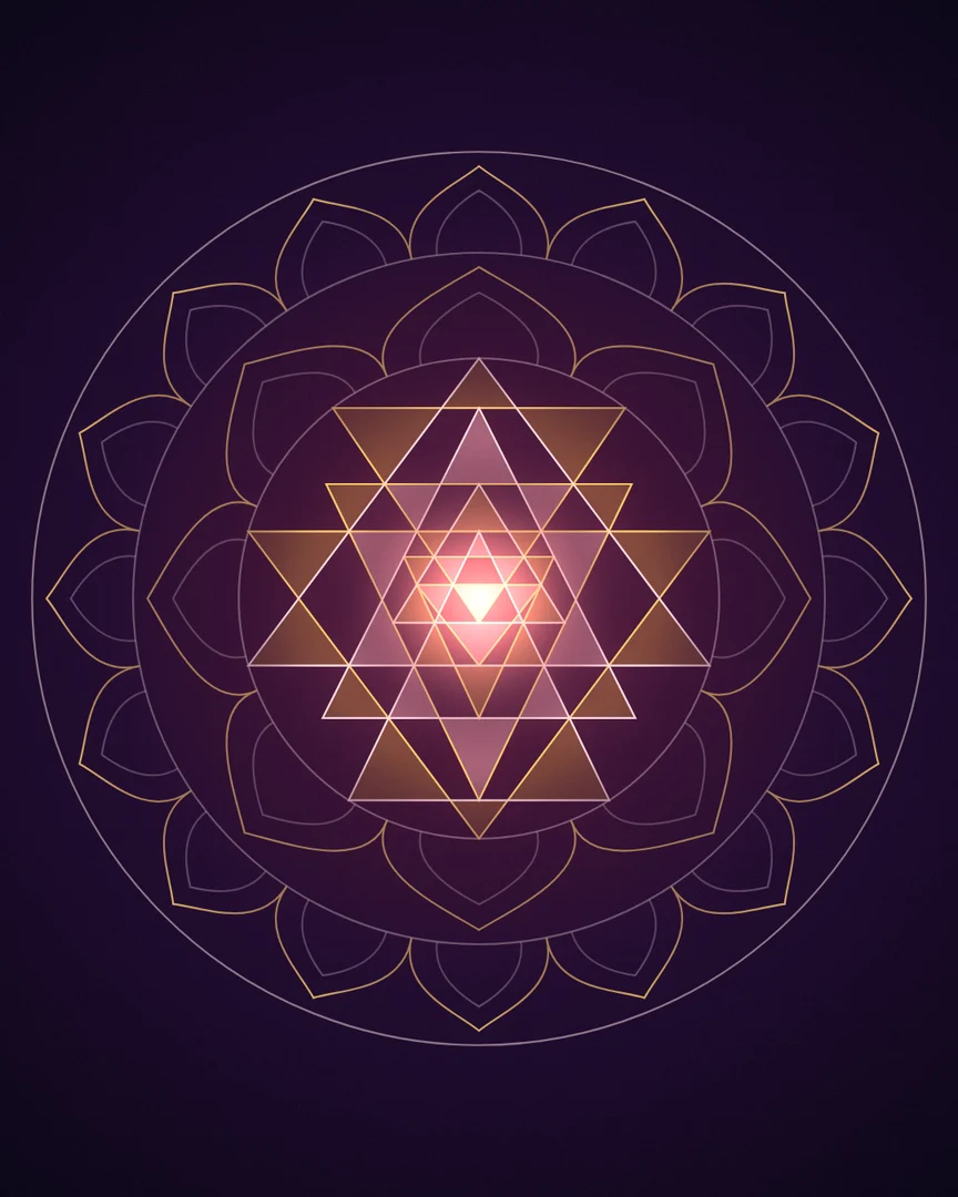 Drawing, gently moving: the Śrī Cakra in rose, saffron and gold, drawn to its coordinates