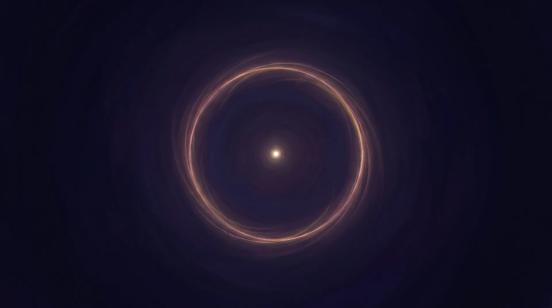 Painting: one point of light inside a thin ring, in a vast dark stillness