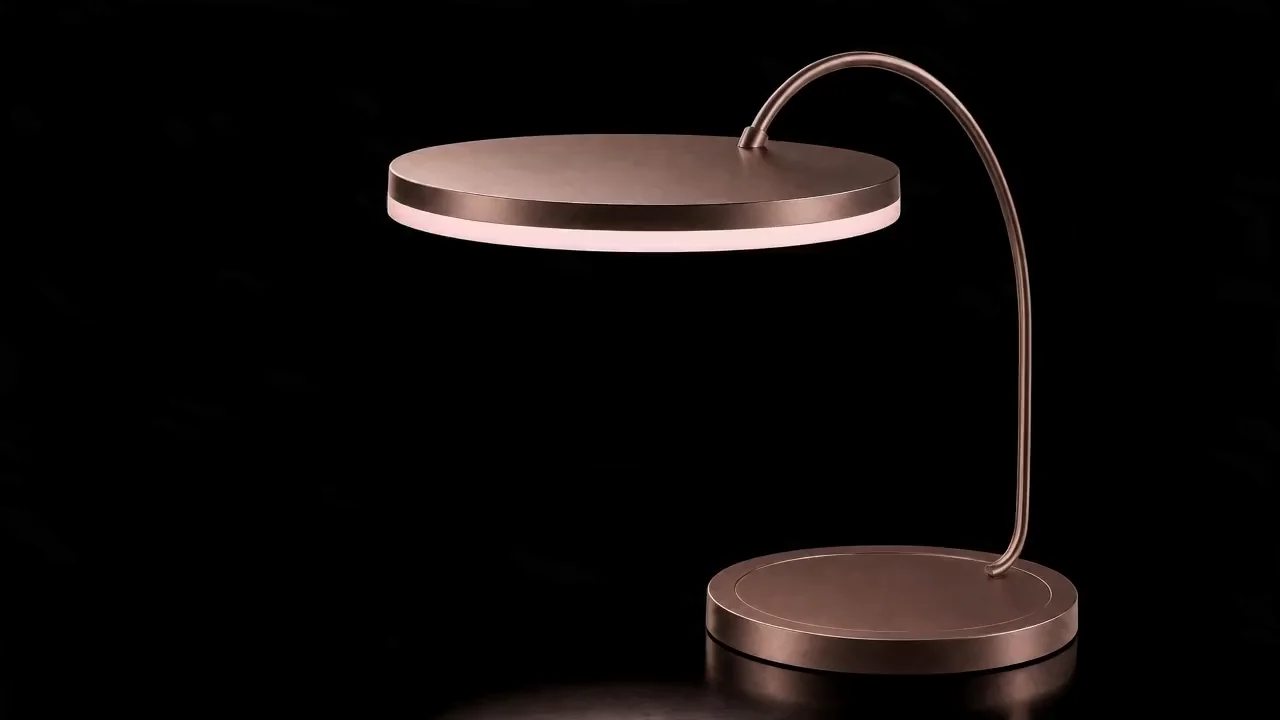 Concept film: the Instrument on black, its slim bronze head parting into its layers, the glowing face, the white mixing tray with its ring of emitters and the bronze shell, while a hatch in the base swings open on the battery, and closing again